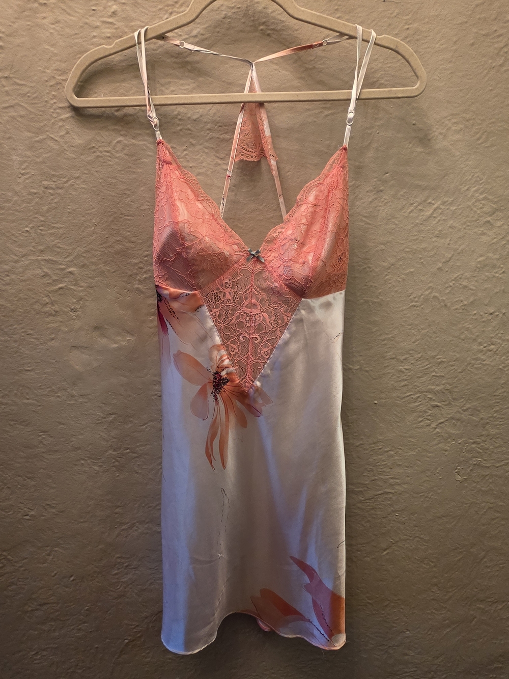 Floral Lace Satin Chemise Slip in Coral and White